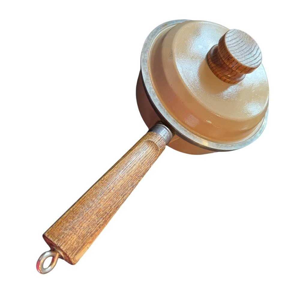 Vintageโ Club Aluminum small Saucepan Lid Beige Enamel Wood Handle MCM Cookware